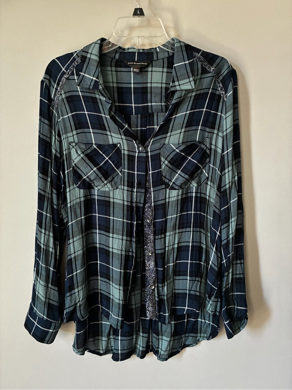 Rock & Republic Plaid Button Front Blouse L Navy Mint Glitter Trim Long Sleeve